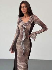 Aloruh Vestido de mujer con cuello en V profundo, bajo con volantes, estampado de mármol en contraste y mangas abombadas - Marrón - Ver 4