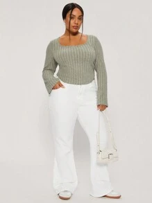 SHEIN BASICS Áo thun cổ vuông tay loe viền bất đối xứng ôm vừa vặn cho nữ cỡ lớn, thường ngày - Màu be - Xem 5