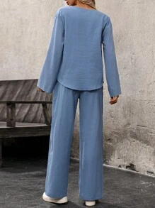 SHEIN LUNE 2-Piece Vacation Casual Solid Notched Neck Shirt & Pants Set - Blue - View 2