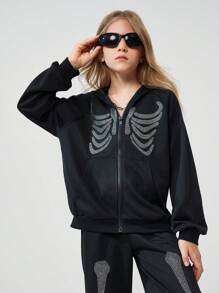 SHEIN Tween Girl Halloween Warm Thick Fall Rhinestone Skeleton Pattern Hooded Jacket & Pants Clothes , Autumn/Winter Outfit - Black - View 3