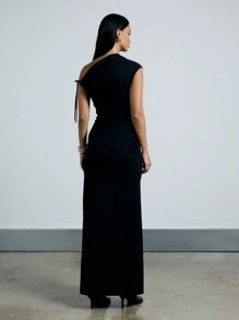 AiiRZ Đầm Maxi Ôm Body Không Tay Xẻ Bên Hông Chi Tiết Xếp Ly Một Vai - màu đen - Xem 2