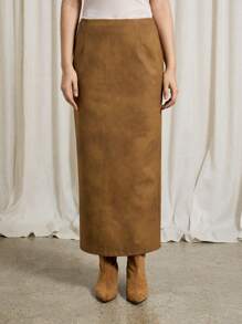 AiiRZ 西部仿麂皮 A 字中长裙 - 棕色 - 查看 3
