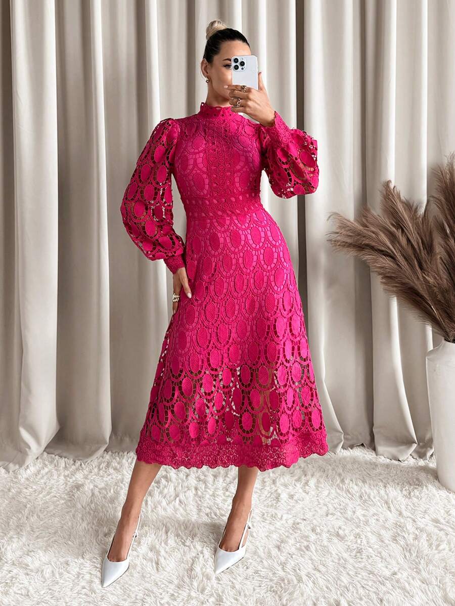 SHEIN Clasi Váy dài vừa phải tay bồng ren thanh lịch lãng mạn cho nữ - Màu Hồng Tươi - Xem 1