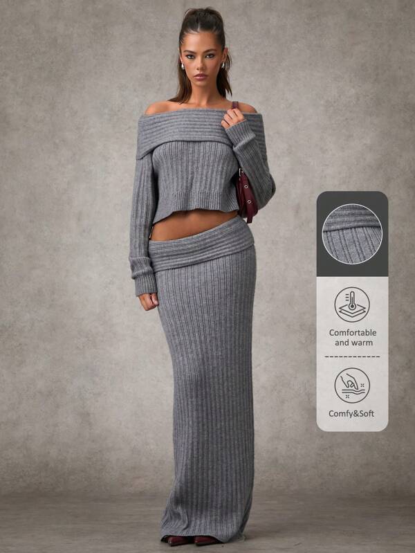 SHEIN BAE Women's Solid Color Ribbed Knit Casual Skirt Fall Women Fall Women Clothes Winter Outfits Halloween Gray Turn-Down Waist Long Skirt