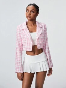 TRNVIE Pink Plaid Cropped Blazer Jacket, Fashion Design For Autumn Fall Cloth For Women - Pink - View 3