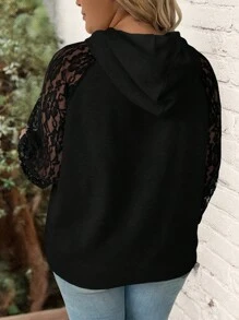 SHEIN LUNE 大码蕾丝拼接卫衣，带透视袖子 - 黑色 - 查看 2