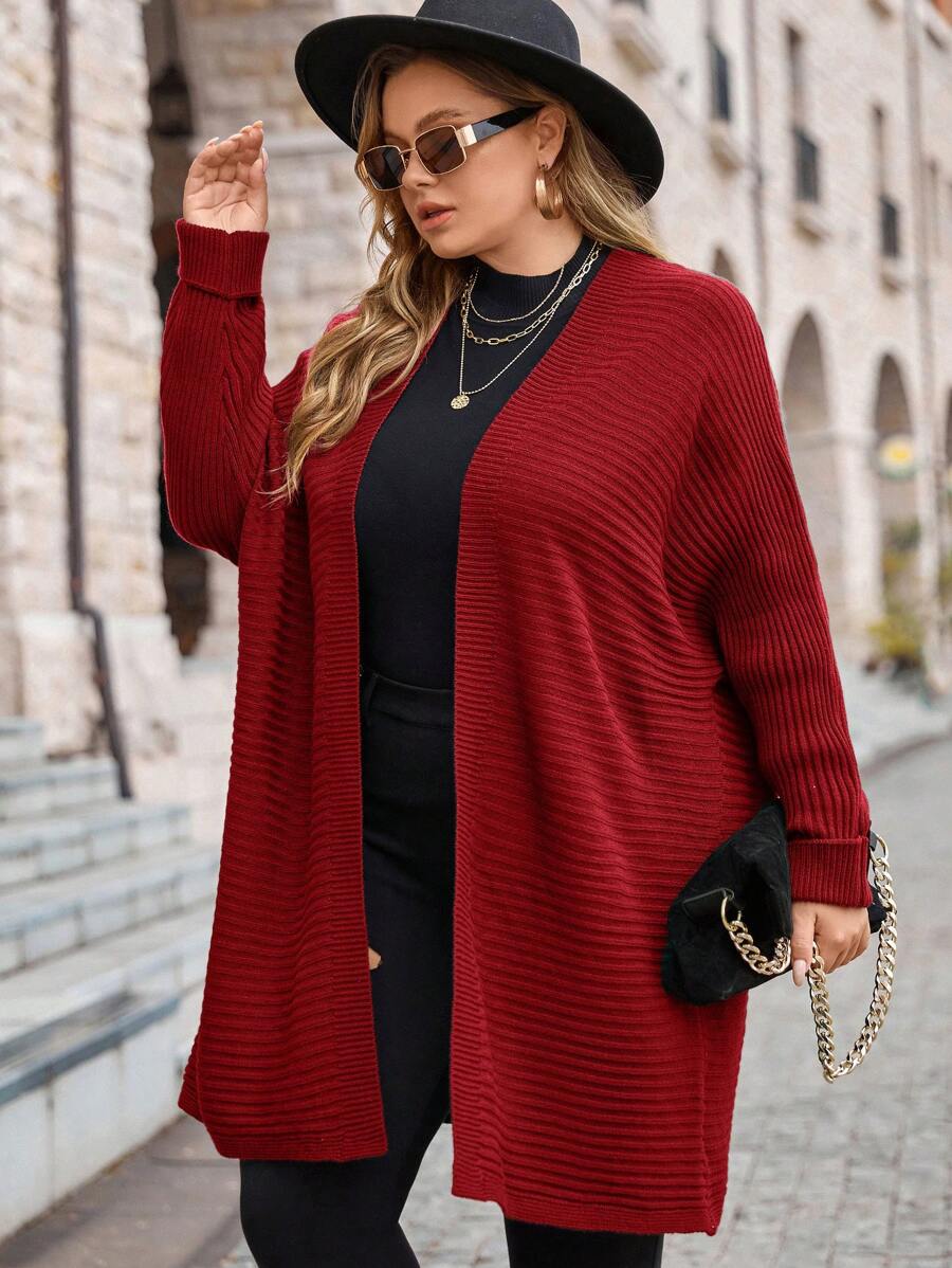 SHEIN LUNE Plus Size Casual Red Batwing Sleeve Cardigan, Suitable For Autumn - Burgundy - View 1