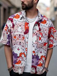 Manfinity Hypemode Men's Allover Cat Print Button-Up Short Sleeve Shirt - Multicolor - View 1