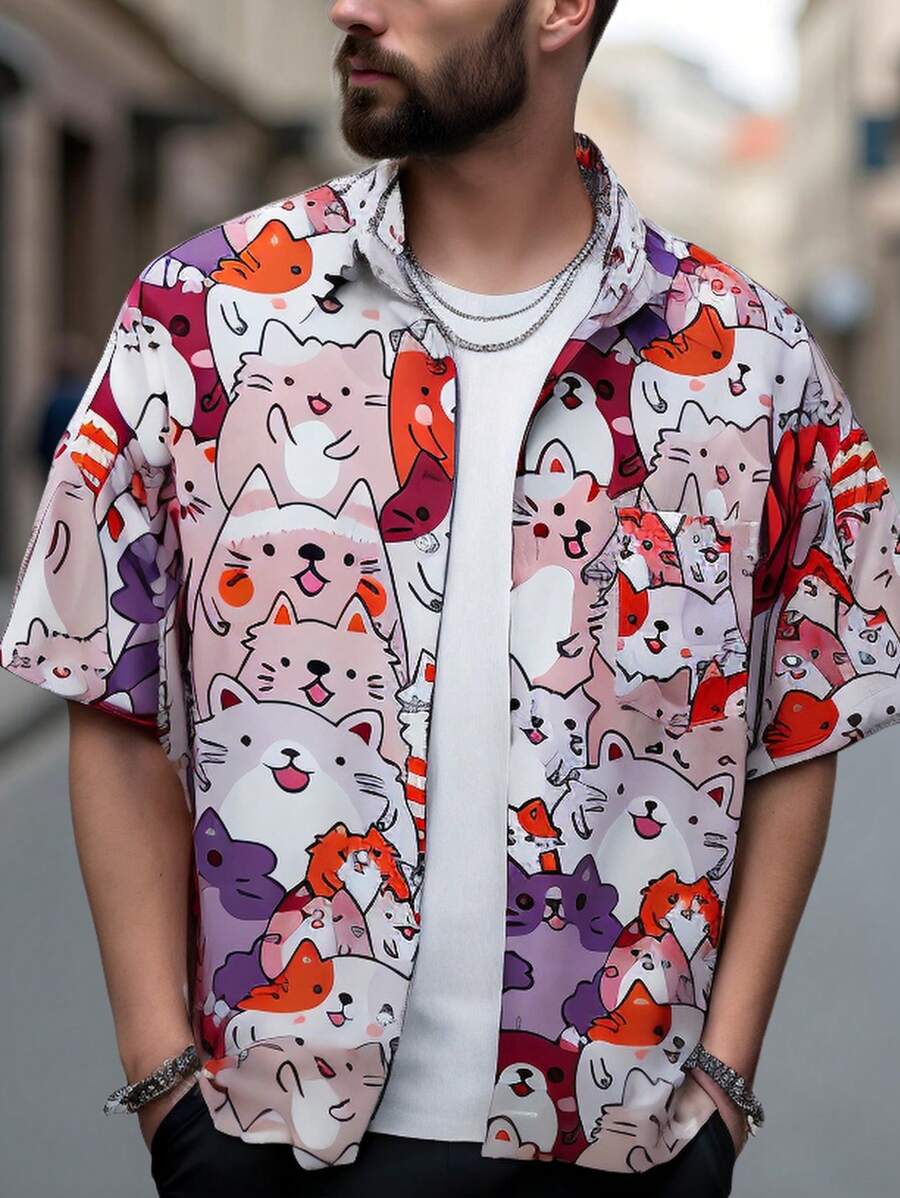Manfinity Hypemode Men's Allover Cat Print Button-Up Short Sleeve Shirt - Multicolor - View 1