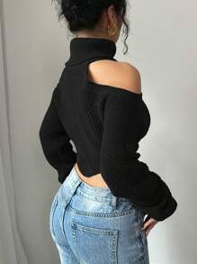 Rafferiza Suéter de punto versátil con hombros descubiertos y cuello alto, blusa de manga larga de punto para otoño e invierno - Negro - Ver 2