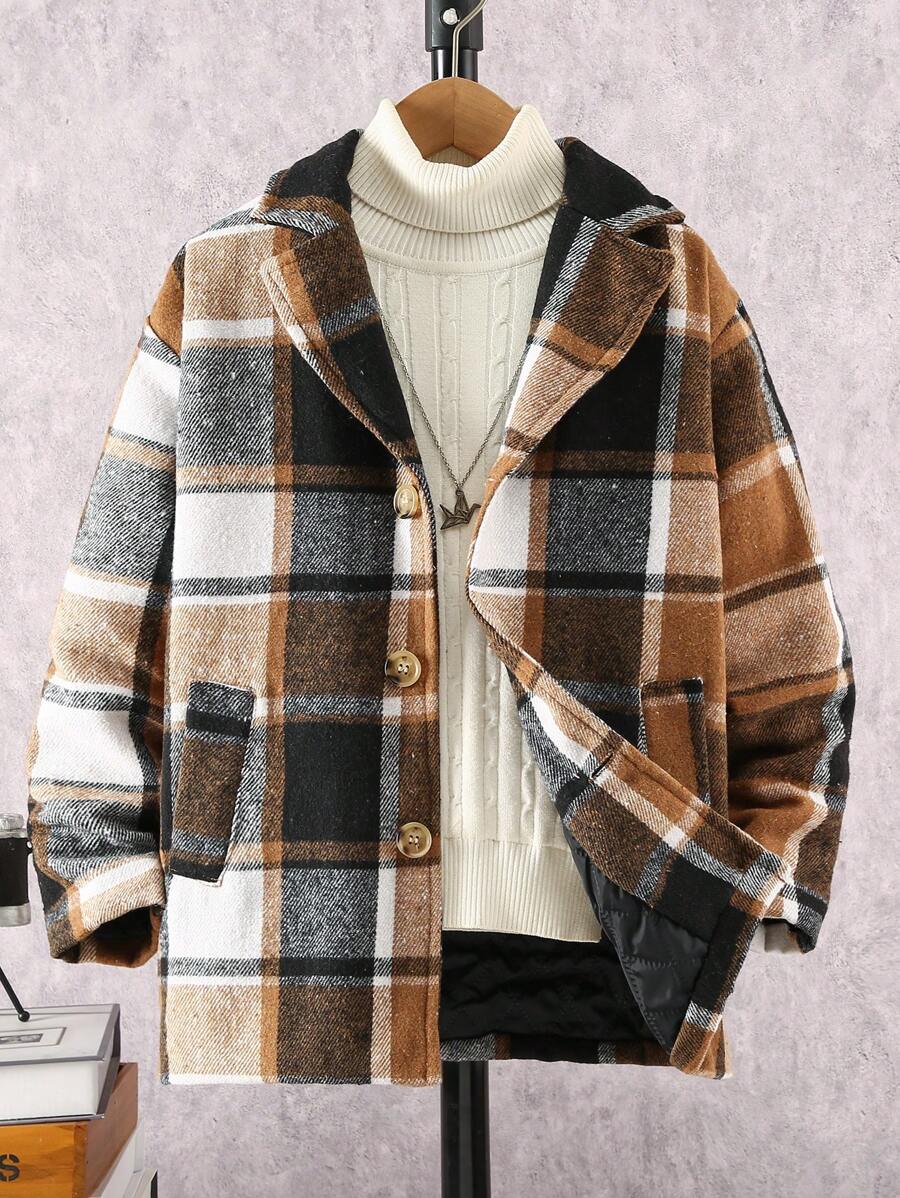Tween Boy Checkered Button Front Jacket, Casual And Commuter Friendly, Autumn/Winter