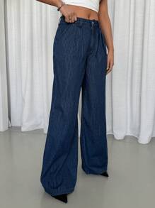 SHEIN Essnce Women Casual Loose Striped Wide Leg Jeans - Blue - View 4