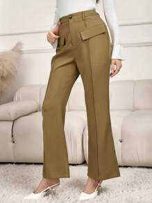 Modelyn Women Solid Color High Waist Slim Flared Leg Office Pants - Khaki - View 5