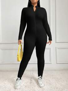 SHEIN PETITE CURVE Plus Size Women's Solid Color Zipper Half Placket Casual Long Sleeve Jumpsuit, Autumn