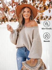 SHEIN VCAY 女款拼色 V 领喇叭袖宽松套头衫 - 卡其色 - 查看 1