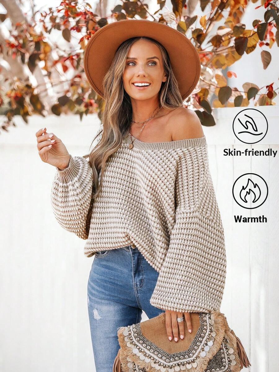 SHEIN VCAY 女款拼色 V 领喇叭袖宽松套头衫 - 卡其色 - 查看 1