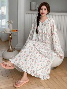 DAZY Floral Allover Print Loose Ruffled Collar Nightgown Pajama, Fall - Beige - View 4