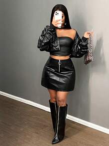 Slaydiva New Elegant Women's Middle Front Zipper Ring Decorated V Split Red Brown Glossy PU Mini Skirt Women's Skirt - Black - View 6