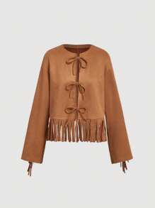 SHEIN MOD Chaqueta con flecos y lazo para mujer en estilo retro marrón, ropa de estilo hippie, chaqueta con flecos