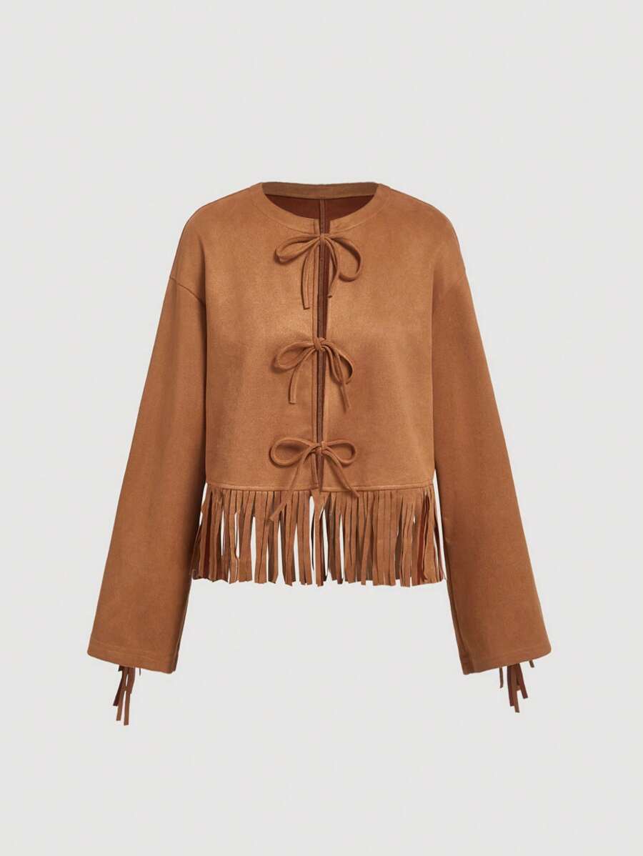 SHEIN MOD Chaqueta con flecos y lazo para mujer en estilo retro marrón, ropa de estilo hippie, chaqueta con flecos