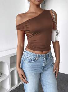 INAWLY Women's Summer Solid Color Ruched Fitted Stylish Asymmetric Shoulder Top - Brown - View 1