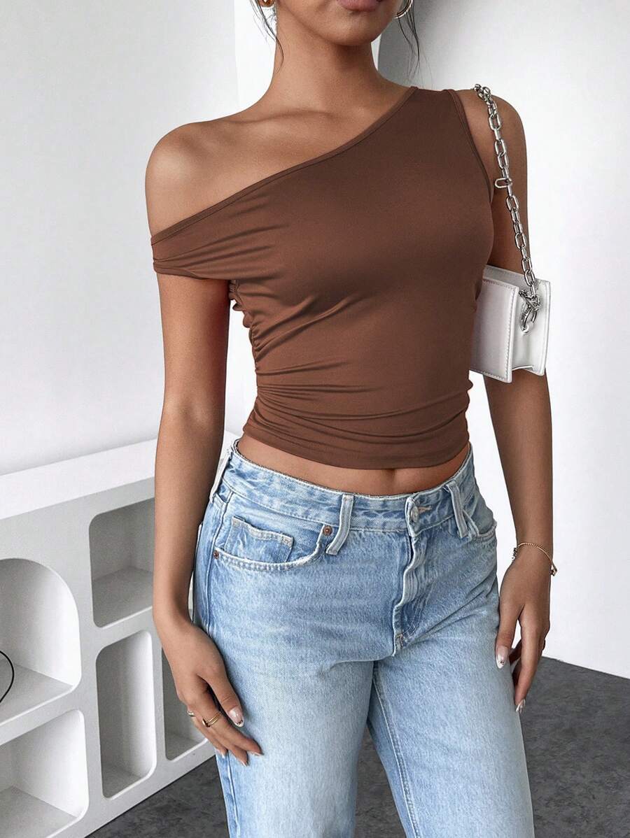 INAWLY Women's Summer Solid Color Ruched Fitted Stylish Asymmetric Shoulder Top - Brown - View 1