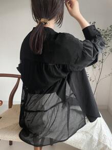 FRIFUL Women's Casual Mesh Contrast Loose Fit Blouse For Autumn,Ruffle - Black - View 5