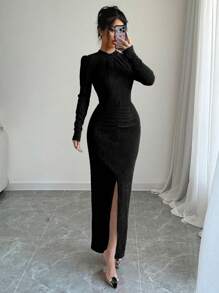 Selianne 1 件男士纯色圆领长袖开衩下摆休闲长款束腰连衣裙女装秋季服装 - 黑色 - 查看 1