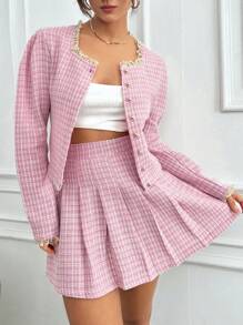 SHEIN Cottnline Lace Trim Puff Sleeve Jacket And Pleated Skirt 2pcs/Set - Pink - View 3