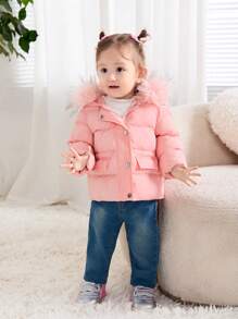 SHEIN Leap Crew Babygirl 可爱百搭温暖粉色羊毛领夹棉大衣，秋冬款 - 粉色 - 查看 5