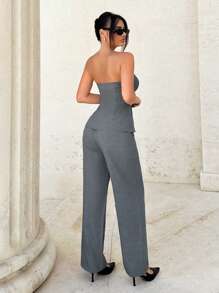 SHEIN Tall Women's Strapless Suit Set, Grey, For Office Wear & Teacher Outfits - Dark Grey - View 2