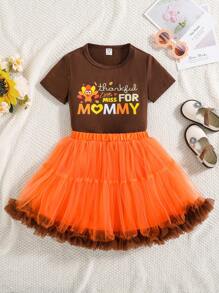 2pcs/Set Young Girl Letter Print Round Neck Short Sleeve Top And Contrast Mesh Panel Mini Skirt Set - Multicolor - View 1