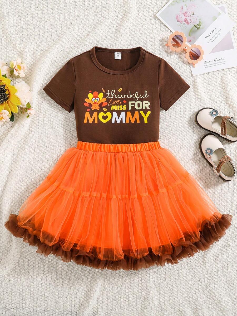 2pcs/Set Young Girl Letter Print Round Neck Short Sleeve Top And Contrast Mesh Panel Mini Skirt Set - Multicolor - View 1