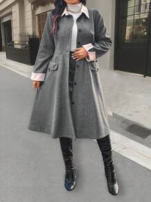 SHEIN Unity Plus Size Women's Color Block Stand Collar Long Sleeve Single-Breasted Elegant Jacket, Spring & Fall - Grey - View 7