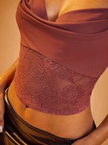 Hauture Cowl Neck Lace Top With Criss Cross Back - Coral Pink - View 2