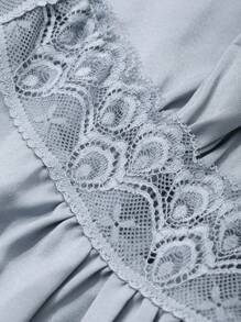 DAZY Semi-Sheer Lace Patchwork Satin Ruffled Trim Waist Nightgown Pajama - Blue - View 7