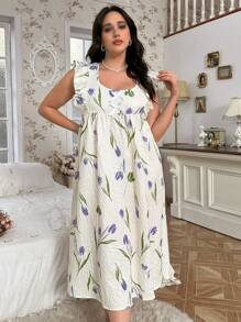 Plus Size Pleated Ruffle Bow Decor All-Over Print Casual Nightgown - Apricot - View 1