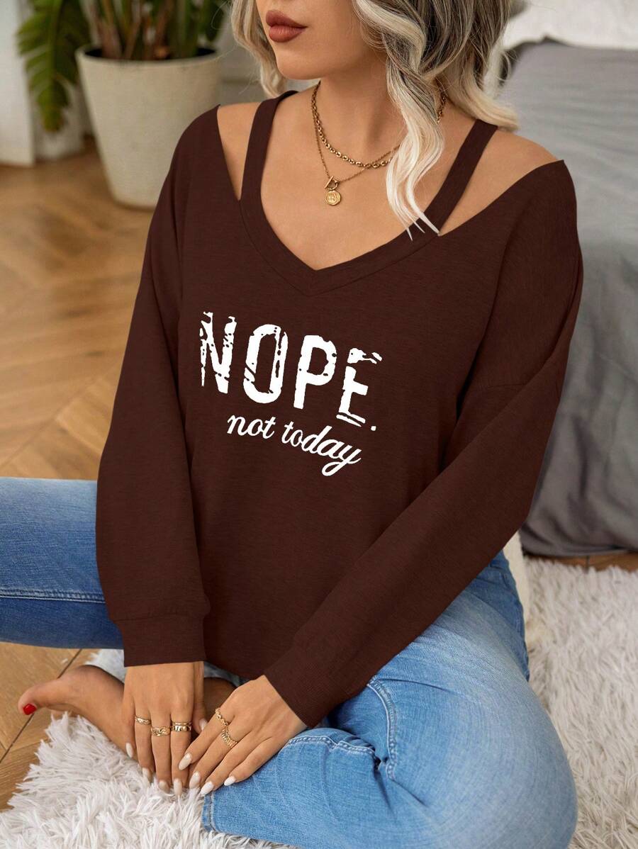 Calvaya Plus Size V-Neck Design Open Shoulder Graphic Print Long Sleeve Elegant And Minimalist Sweatshirt Graduation,Back To School Outfits,Graduation,Teacher Outfits For Women,Back To School - Brown - View 1