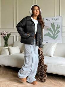 SHEIN EZwear Chaqueta acolchada con capucha de manga larga, informal y holgada, de unicolor, para invierno
