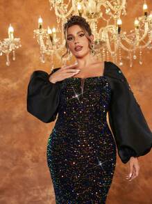 Glamrae 加大码黑色天鹅绒耀眼亮片拼布缎面厚重手工缝制彩色水钻方领泡泡袖优雅华丽厚重晚礼服，长袖正式舞会礼服，适合婚礼嘉宾、毕业典礼、晚宴 - 黑色 - 查看 1