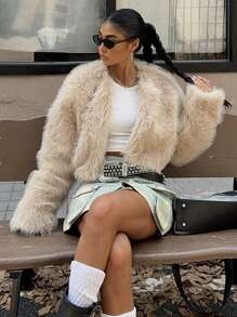 SHEIN EZwear 秋冬女士米色蓬松短款外套 - 杏色 - 查看 3