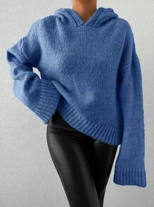 EURMUSE Women's Casual Solid Color Dropped Shoulder Hoodie Sweater, Autumn/Winter - Baby Blue - View 5