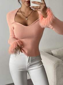 SHEIN Clasi Women's Slim Fit Furry Sleeve Base Layer Sweaterbusiness Casual Woman,Work Wear,Fall Wedding Guest Dress,