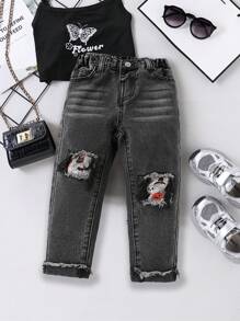 SHEIN Young Girl' Y2K Halloween Graphic Patchwork Black Denim Wide Leg Pants,Girl Fall And Winter Clothes,Street Wear Denim Jeans - Dark Grey - View 1