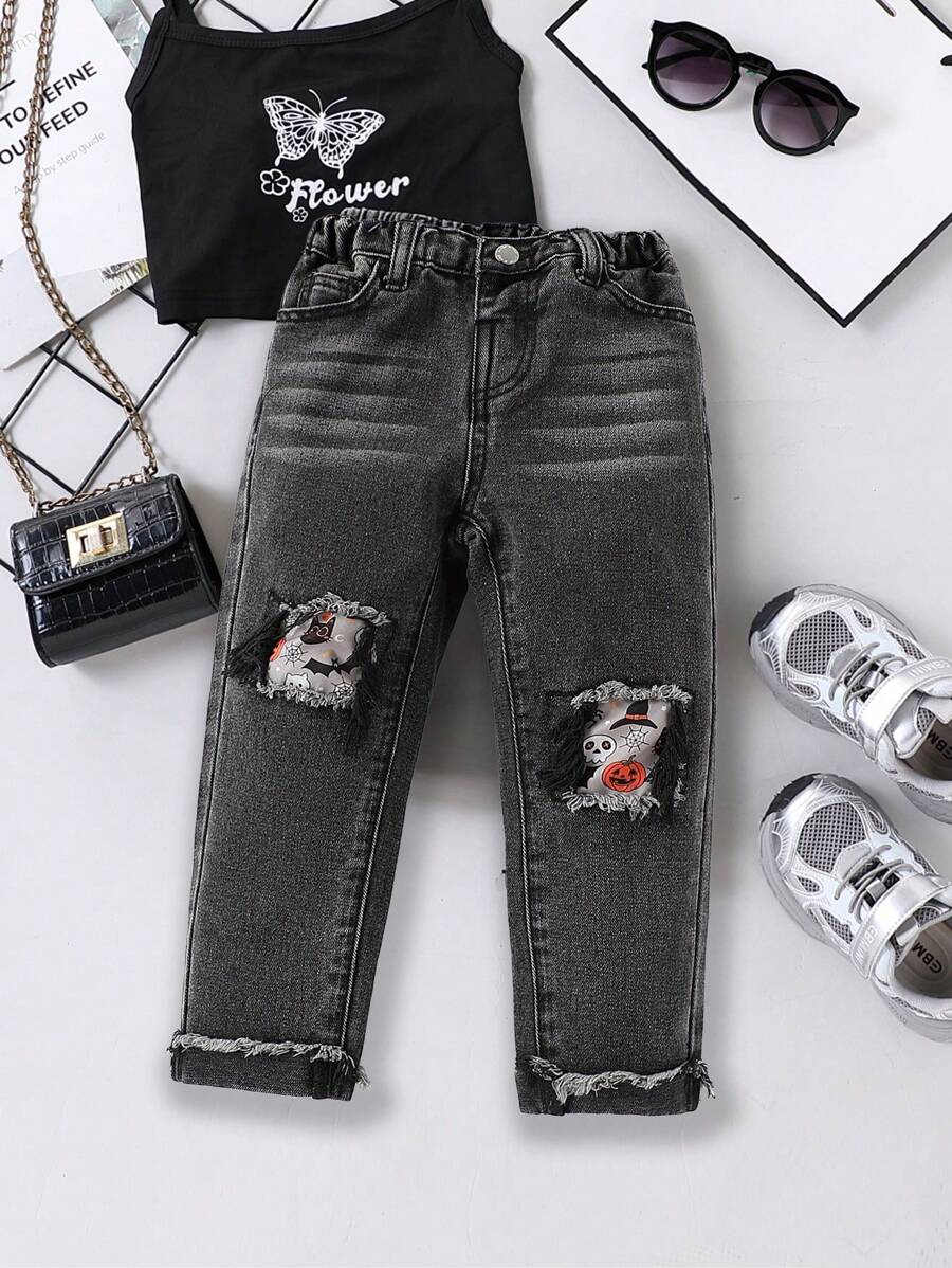 SHEIN Young Girl' Y2K Halloween Graphic Patchwork Black Denim Wide Leg Pants,Girl Fall And Winter Clothes,Street Wear Denim Jeans - Dark Grey - View 1