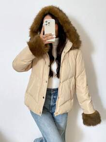 SHEIN EZwear Áo khoác lông vũ dày cổ vá màu mơ mùa đông mới có mũ trùm đầu ngắn - Màu be - Xem 3