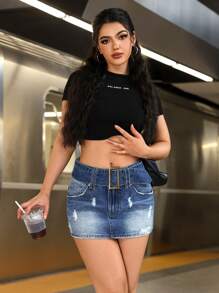 Women's Street Style Ripped Buckle Belted Tight Denim Skirt - Light Wash - View 5