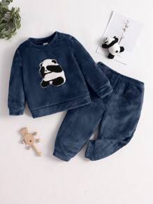 SHEIN Leap Crew 2 件套男宝宝秋冬毛绒长袖睡衣套装，带有可爱熊猫刺绣，适合日常居家穿着 - 藏蓝色 - 查看 6