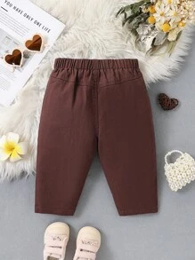 SHEIN 女婴可爱红棕色和棕色牛仔布毛绒内衬胡萝卜裤，羊毛加厚服装，增添温暖，女婴秋冬服装 - 咖啡棕 - 查看 6