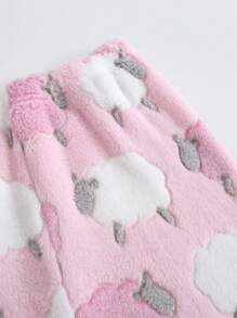 SHEIN 2 件套 Tween Girl 可爱绵羊印花羊毛长袖上衣和裤子家居服套装 - 粉色 - 查看 7